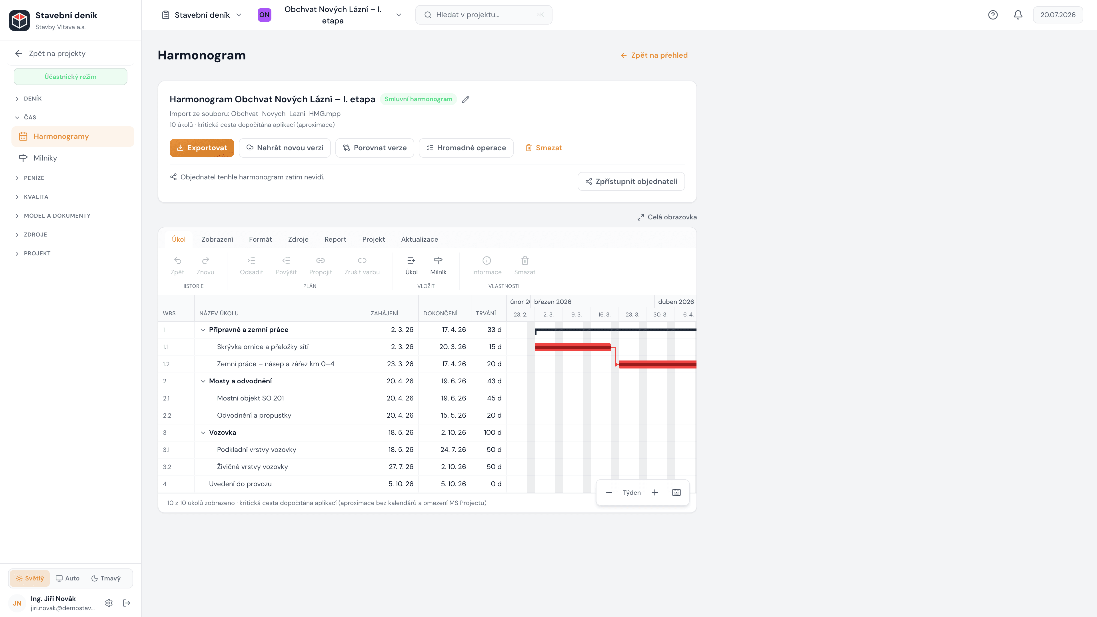Webový Gantt harmonogramu s WBS strukturou úkolů, termíny a grafickým zobrazením průběhu prací